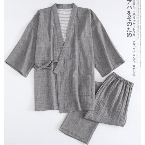 Mens Pyjamas Spring and Autumn New Mens Kimono Cotton-color Spinning Gauze Washed Cotton Japanese Home Service Suit Pajamas