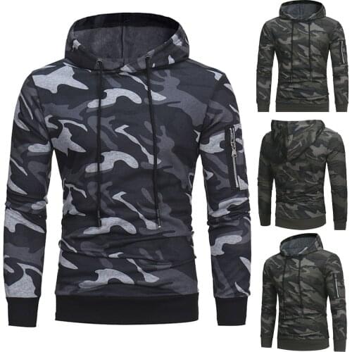 Mens Camouflage Hoodie Mens Streetwear Gray Camouflage Long Sleeve Ribbed Tether Sweatshirt Tops Mens Clothing Pullovers