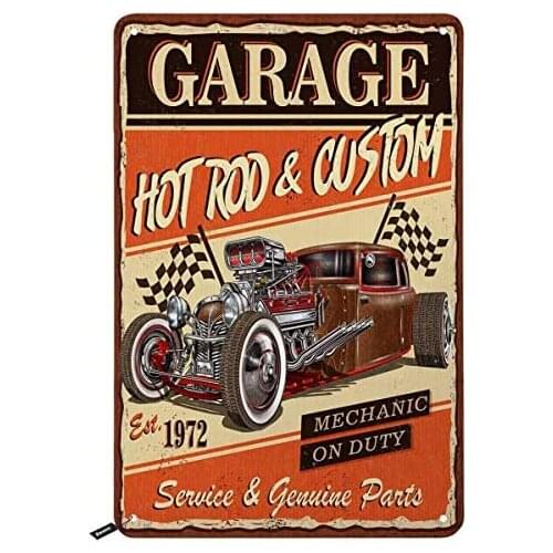 Swono Garage Poster Tin Signs,Hot Rod Car Custom Mechanic on Duty Vintage Metal Tin Sign for Men Women,Wall Decor for Bars