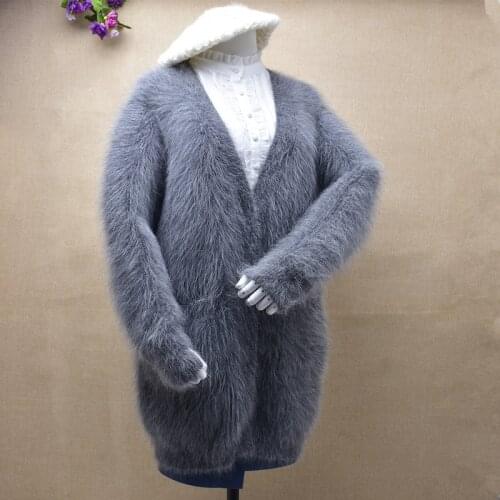 Winter windproof warm fashion women medium length coat sweater rabbit hair knitted coat deep V-Neck long sleeve mink cardigan