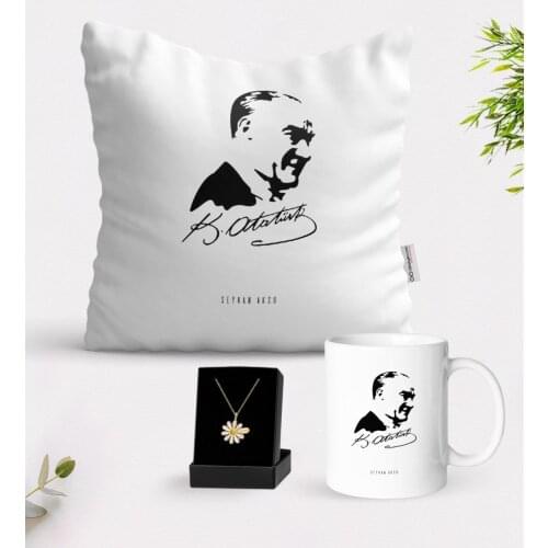 Personalized Ataturk Themed White Mug Cushion and Is Daisy Necklace Gift Seti-26
