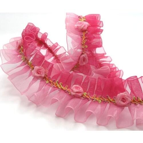 Pleated Trim|w Rococo Flower Trim|1 1/2 Inches Pleated Ombre Printed Chiffon Trim|Organza Chiffon Trim|Retro Handmade Supplies