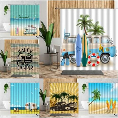 Camping Poster Shower Curtain Cartoon Camper Outdoor Travel 3D Printing Home Decoration Background Waterproof Bath Curtains Set