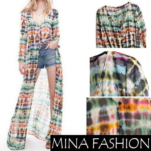 Casual Women Long Sleeve Multi-Color Dip Dye Floral Shirred Waist Cardigan Shirt Blouse Chiffon Long Maxi Dress 3 Sizes 3829
