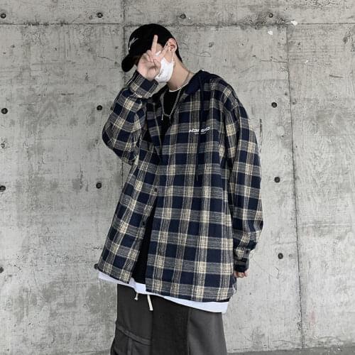 Casual Oversize Tops Autumn New Mens Plaid Shirt Woman Tees Fashion Korean Streetwear Hip Hop Male Blouse