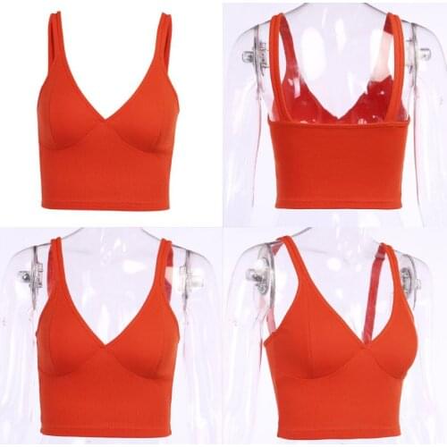 Womens Sleeveless Ribbed Knit Cropped Tank Top Sexy Deep V-Neck Bright Orange Slim Camisole Summer Elastic Sling Vest