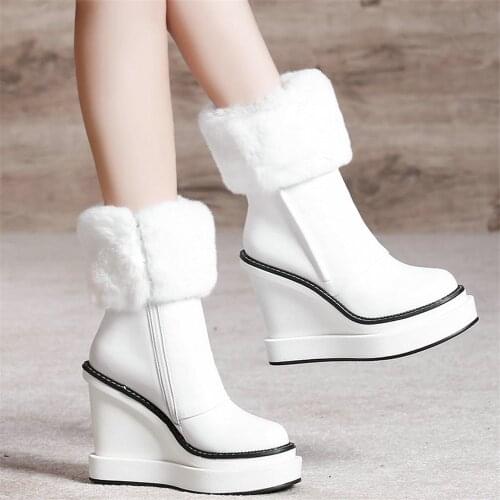 Winter Platform Pumps Shoes Women Cow Leather Wedges High Heel Motorcycle Boots Female High Top Warm Rabbit Fur Fashion Sneakers