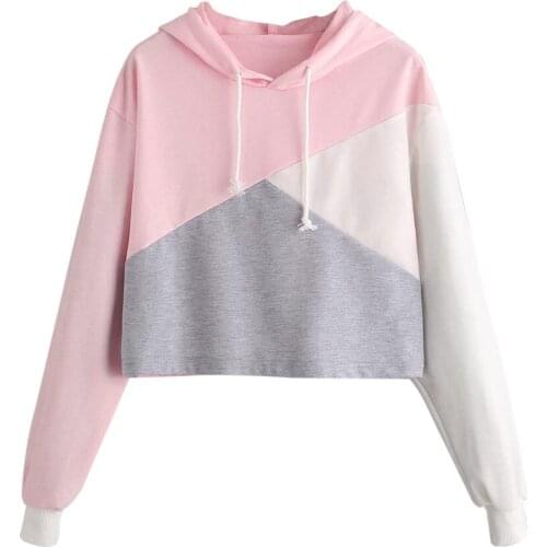 Patchwork Crop Hoodies Womens Drawsting Long Sleeve Hoodie Casual Autumn Winter Hooded Sweatshirt Pullover Tops Blouse Толстовка