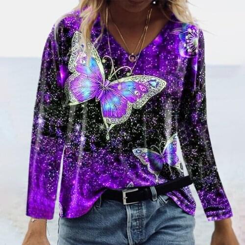 Women Sexy V-neck Blouse 2021 Summer Casual Long-sleeved Fluorescence Color Butterfly Printing Shirt Fashion Loose Street Tops