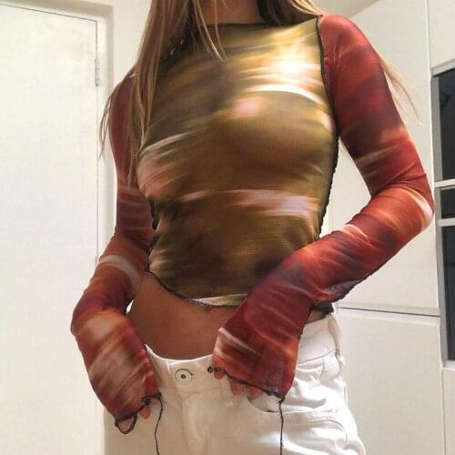 2021 Fashion Trend Abstract Print T-Shirt Women Long Sleeve Crew Neck Slim Fit Crop Top Streetwear Spring Autumn Casual Tops