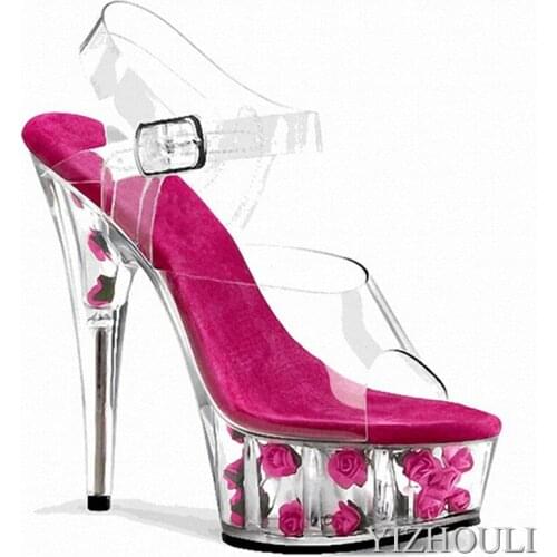High heels women 15 cm thick rose waterproof platform summer sandals with thin heels, pole dance catwalk sandals