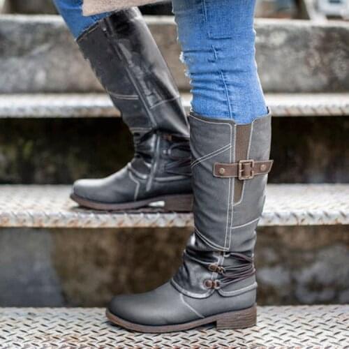 Rome Style Mid-calf Boots Women Winter Shoes Pu Leather Gothic Military Boots Women Winter 2020 Long Boots Lady Fashion Booties