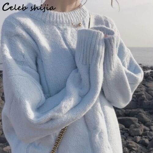 SHIJIA Blue Soft Sweater Woman O Neck Autumn Winter 2021 Korean Pink Knitting Jumper Female Long Sleeve Cashmere Pullover Thick