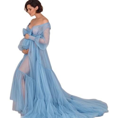 Women Pretty Maternity Gown for Photoshooting A Line Blue Maternity Dresses Photography Boudoir Lingerie Bathrobe Nightwear