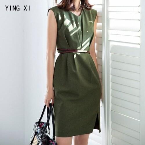 YING XI 2020 Spring Solid Sleeveless Casual O-neck Sashes MD-Long Style Dress Patchwork Fold Green And Black Women