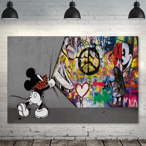 Modern Abstract Disney Graffiti Wall Art Canvas Painting Mickey Mouse Pull The Curtain Poster Print Living Room Home Decoration