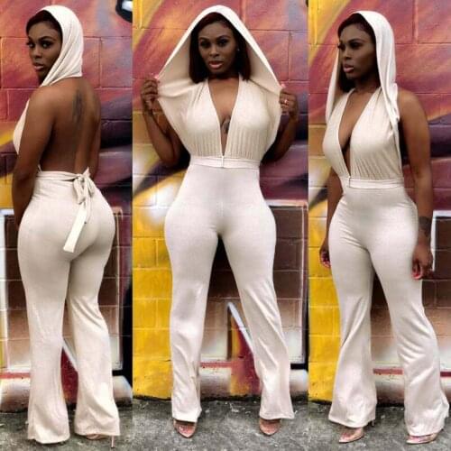 US Urban Sexy Women Deep V Neck Hooded Backless Sport Club Summer Long Jumpsuit