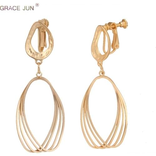 GRACE JUN Korea Style Gold Color Copper Material Geoemtric Clip on Earrings Without Pierced Elegant Cuff Ear Clip Anti-allergy