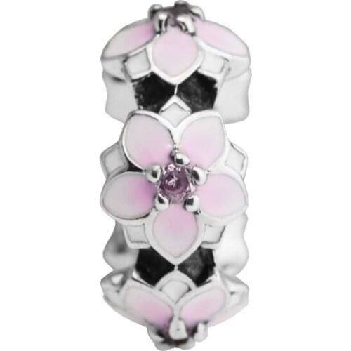 Magnolia Bloom Pink CZ Spacer Bead Jewelry Making Sterling Silver Jewelry Charms For Woman Fits Beaded DIY BraceletS