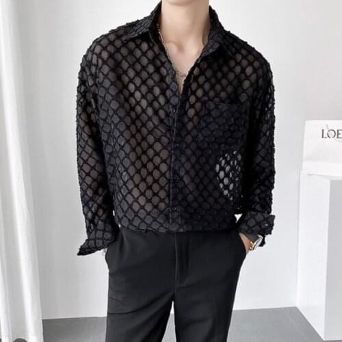 Black White Transparent Shirt Mens Fashion Society Mens Dress Shirt Korean Loose Casual Long-sleeved Shirt Men Plaid Shirt
