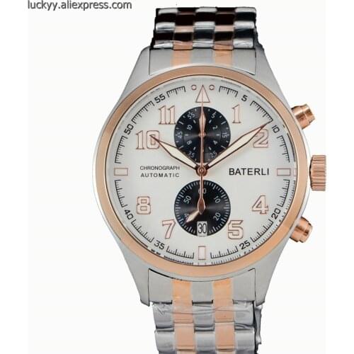 Two Tone rose gold Stainless Steel Mens Watch 43mm pilot Quartz Chronograph male Clock Push Button Hidden Clasp wristwatch A184