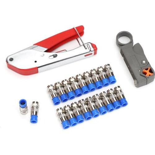 Coax Cable Crimper Coaxial Compression Tool Kit RG59/RG6 Cable TV Crimping Tool Set Wire Stripper with 20 F Heads Connectors