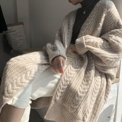 Autumn and Winter Retro Elegant Cardigans women Thick Loose Twist Linen Flower Color Midi Knitted Cardigan Sweater Womens Coat