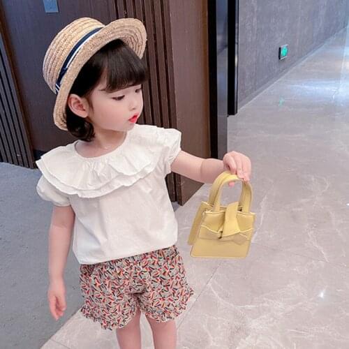 Children Clothing Sets New Arrival Summer Girls White Short Sleeve Double-layered Collar T-shirt+Print Shorts Pant Two Piece Set