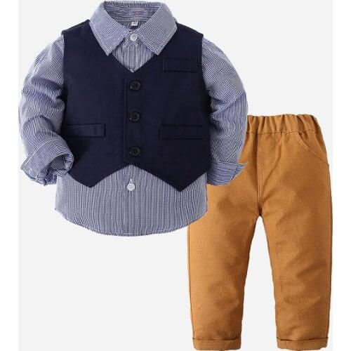 Baby Boy Suit Shirt Set for Kid Boy Outfit Formal Clothes High Quality Gentleman Vest + Long-Sleeved Plaid Shirt + Pants