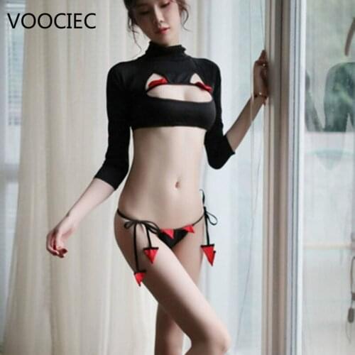 VOOCIEC Japanese Little Devil Maid Cosplay Sexy Costumes Perspective Lingerie Underwear Servant Erotic Lace Bikini Outfit Suit