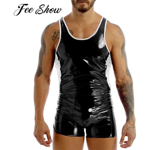 Gay Mens Sleeveless PVC Latex Catsuit Wetlook Patent Leather Bodysuit Costumes Skin-Tight Leotard Bodysuit Erotic Sissy Clubwear
