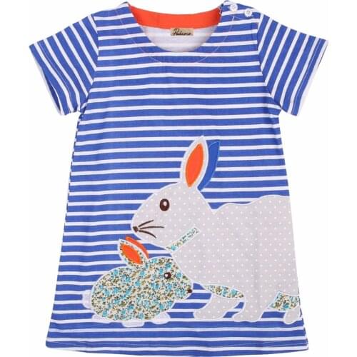 2016 New Lovely Rabbit Kids Baby Girls Clothing Summer Dresses Navy White Striped Cartoon Tutu Cute Dress Outfits 2 3 4 5 6 7y