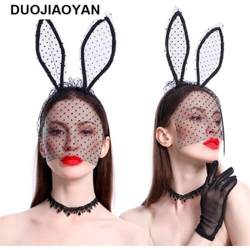 DUOJIAOYAN New Black Lace Rabbit Ears Hair band With Veil Halloween Party Headband Accessories Fancy Party Costume Headpiece