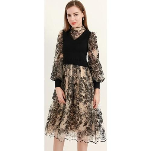 MIUXIMAO 2021 New Autumn Womens Clothing Stand Collar Long SleeveKnitted Mesh Sequin Printing Slim Dress Fashion Elegant