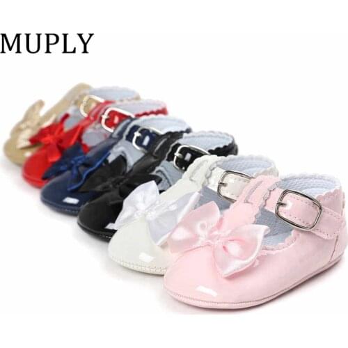 New Arrival PU Leather Baby Shoes Baby Girl Princess With Bow Crib Shoes 6 Color Solid Cute First Walker Kid Moccasins For 0-18M