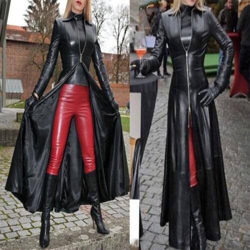 4XL Women Vintage Faux Leather Coat Long Jacket Large Size Fake Leather Trench Coat Autumn Retro Overcoat Fashion Womens Outfit