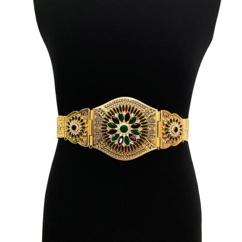 Plus Size Moroccan Gold Belts Full Rhinestone Flower Shape Ethnic Wedding Jewelry Muslim Caftan Waist Chain for Women