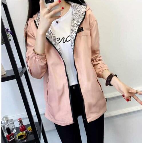 2019 New Spring Autumn Two Side Wear Women Jacket Hooded Cartoon Print Outwear Loose Coat Windbreaker Female RE2269