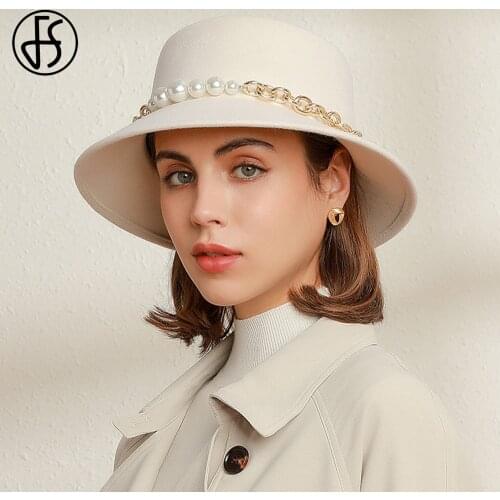 FS Wool Felt Flat Fedoras Caps With Metal Chain Beads Big Brim Hats For Women Bride Wedding Church Hats Lady Derby Cloche Cap