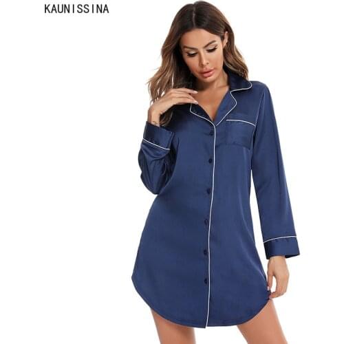 Women Soft Nightshirts Summer Sleepwear Nightgown Solid Long Sleeve Turn-Down Collar Button Loose Nightwear Dress S-XXL Sizes