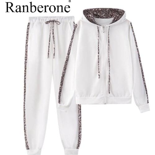 Woman Hoodie Pants Tracksuit Autumn Winter Sport 2 Piece Set Leopard Sportwear Casual Female Zipper Jogging Suit Plus Size 2020