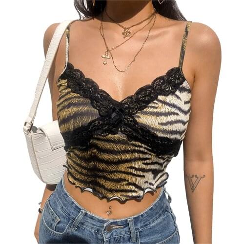 Women Zebra Leopard Camis Crop Top 2021 New In Fashion Sexy V Neck Lace Sleeveless Sling T Shirts Clubwear Tanks Top