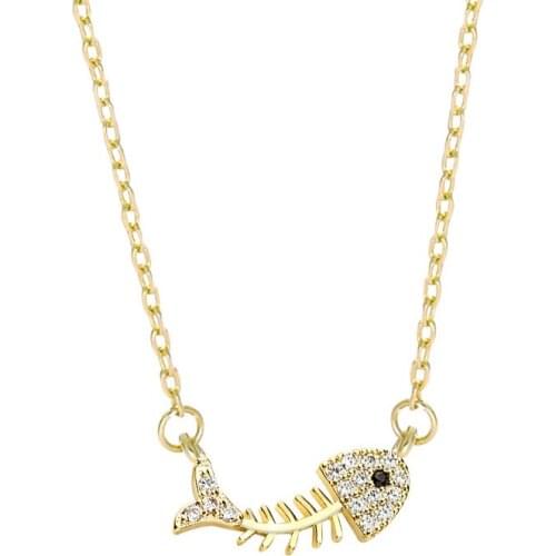 925 Sterling Silver/Golden/Gold Color Crystal Zircon Fish Skeleton Pendant Necklace For Women Fish Bone Choker Statement Jewelry
