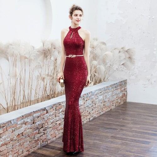 Women Sequined Party Formal Dress Halter Sleeveless Mermaid 2020 Evening Dress Ladies Solid Sexy Robes Elegant Formal Gowns