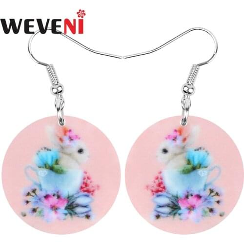 WEVENI Acrylic Round Easter Eggs Hare Rabbit Bunny Pet Earrings Big Animal Dangle Drop Jewelry For Women Kid Charm Festival Gift