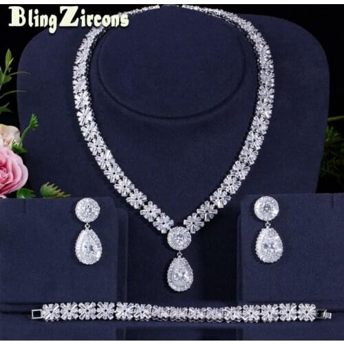 BeaQueen Brilliant Cubic Zircon Big Drop Earrings Necklace Bracelet Jewelry Sets Dubai Wedding Dress Accessories JS161