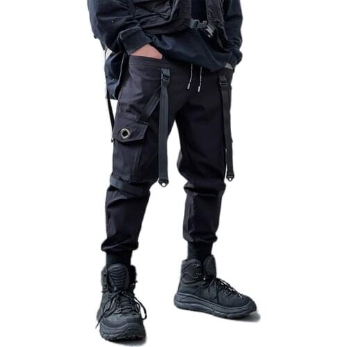 Multi-Pockets Pencil Pants Mens Hip Hop Ribbons Cargo Pants Sweatpants Joggers Trousers Male Fashion Punk Full Length Pant