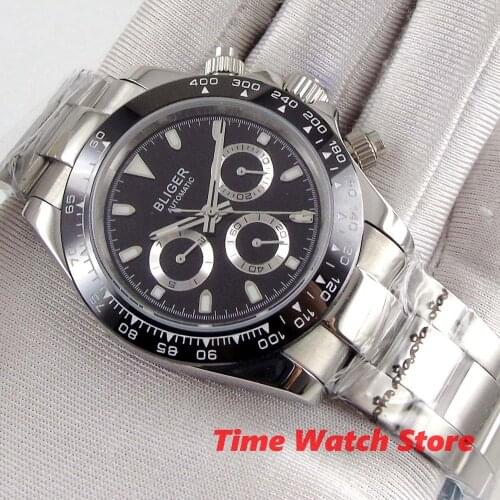 40mm Bliger Multifunction Automatic watch men Sapphire glass waterproof Luminous black dial marks dezel date SS bracelet b278
