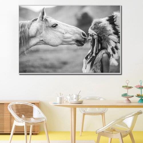 Black White Wall Art Minimalist Indian Girl and Horse Decorative Painting Poster for Living Room HD Fashion Pictures Unframed