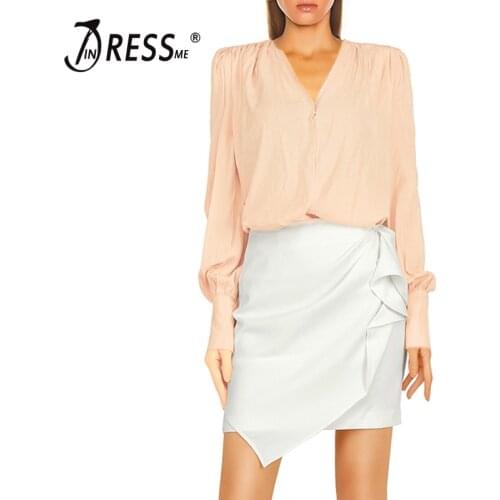 INDRESSME Women Fashion Sexy V Neck Long Sleeve T Shirt Asymmetric Ruffles Mini Skirt Office Lady Sets 2 Pieces 2020